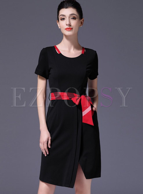 Patchwork Asymmetric Belted Bodycon Dress