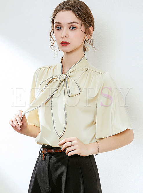 Stand Collar Bowknot Short Sleeve Blouse