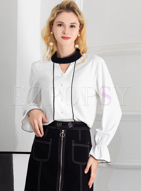 Color-blocked Stand Collar Openwork Blouse