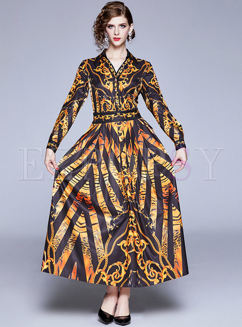 V-neck Print Empire Waist Ruched Maxi Dress