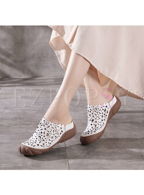 Rounded Toe Openwork Flat Leather Slippers