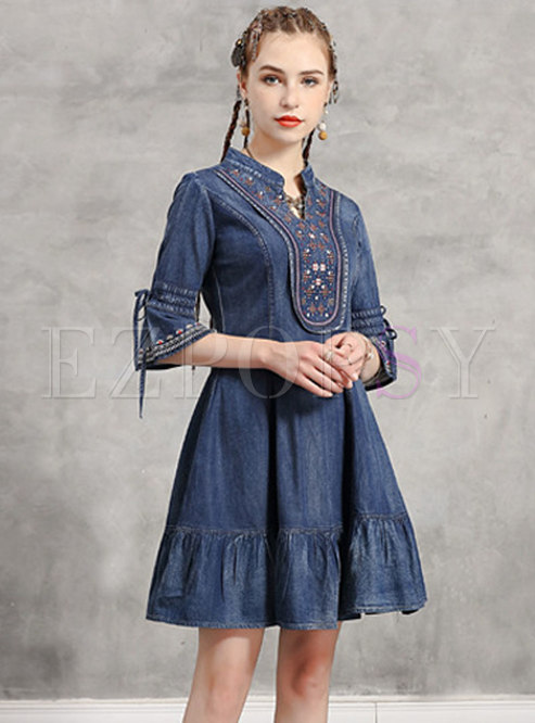 Dresses | Skater Dresses | Denim Embroidered Flare Sleeve Mini Dress