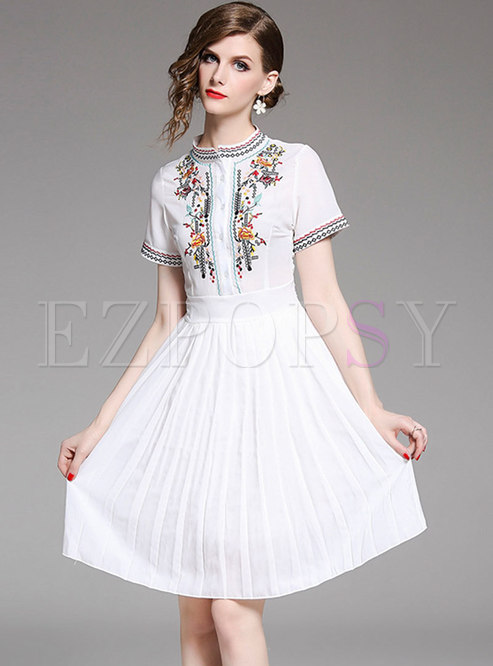 Stand Collar Embroidered Pleated Skater Dress