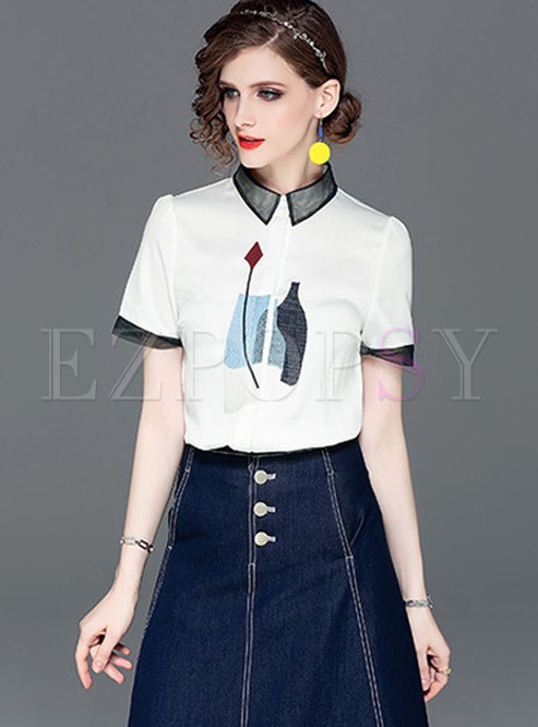 Embroidered Color Block Short Sleeve Blouse