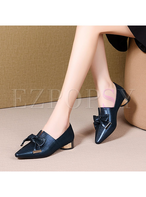 Pointed Toe Bowknot Chunky Heel Shoes