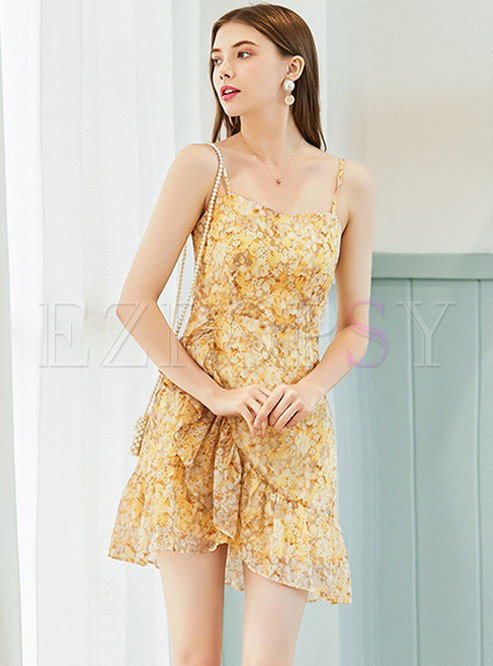 Chiffon Floral Ruffle Mini Slip Dress