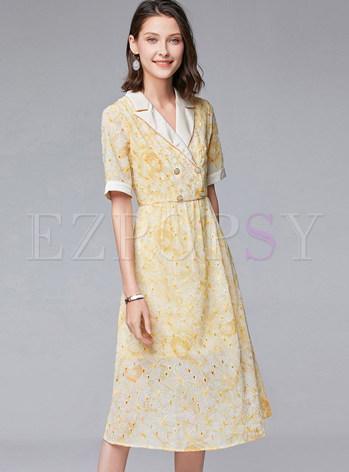 Wide Lapel Embroidered Double-breasted Midi Dress