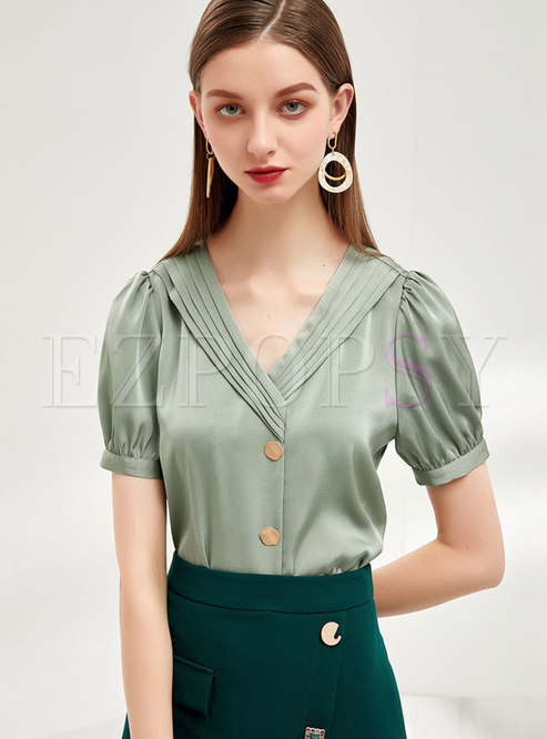 V-neck Puff Sleeve Ruched Pullover Blouse