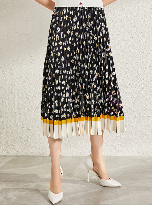 Color Block Floral Pleated A-line Skirt