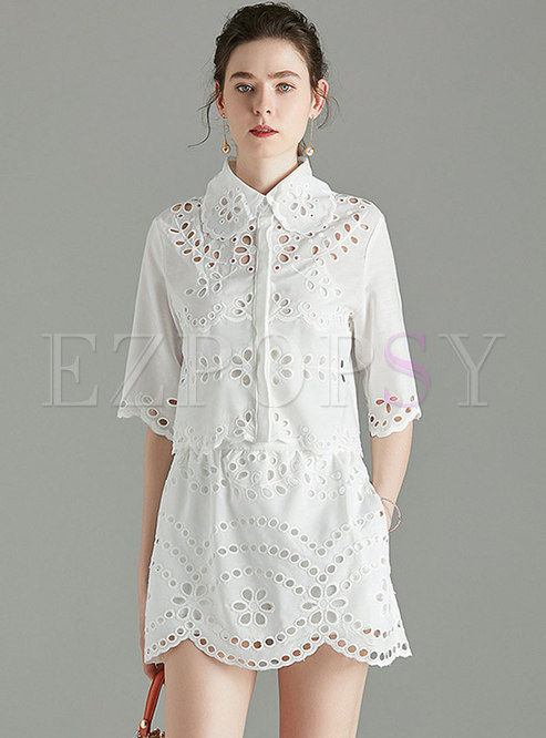 Embroidered Openwork Asymmetric Mini Suit Dress