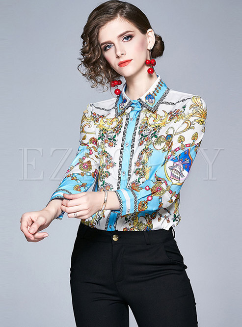Court Print Lapel Single-breasted Blouse