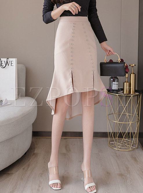 High Waisted Rivet Asymmetric Peplum Skirt