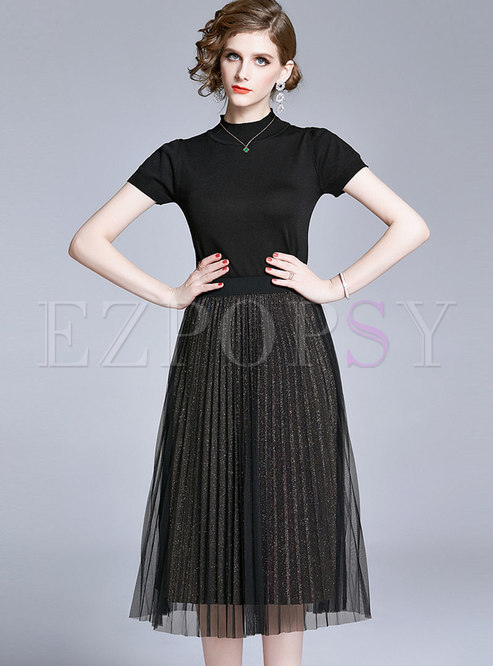 Two-piece Outfits | Two-piece Outfits | Stand Collar Knit Top & High Shine Pleated Skirt