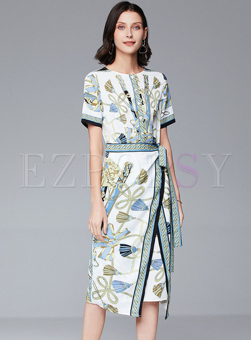 Elegant Print Asymmetric Tied Bodycon Dress