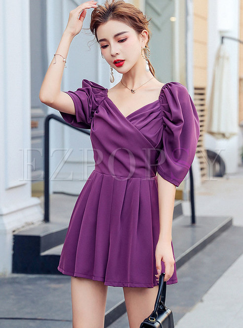 Puff Sleeve Cross V-neck Ruched Romper