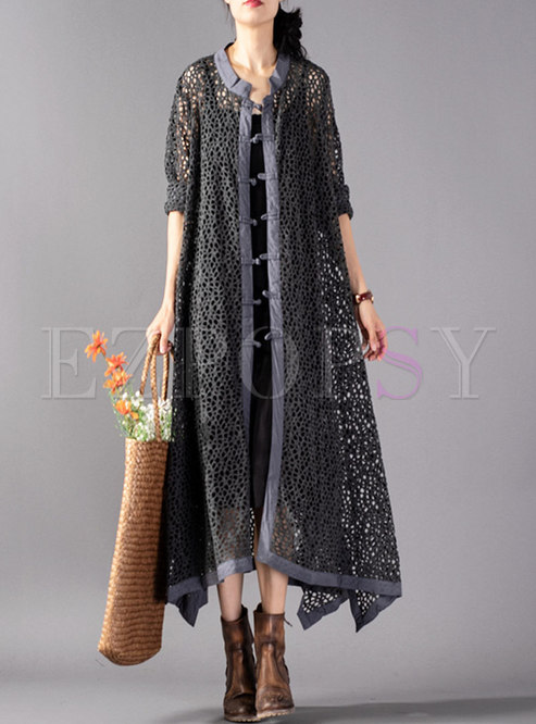 Vintage Single-breasted Openwork Knitted Long Coat