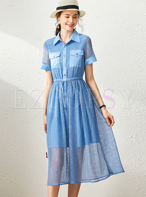 Solid Color Drawcord Lapel Skater Dress