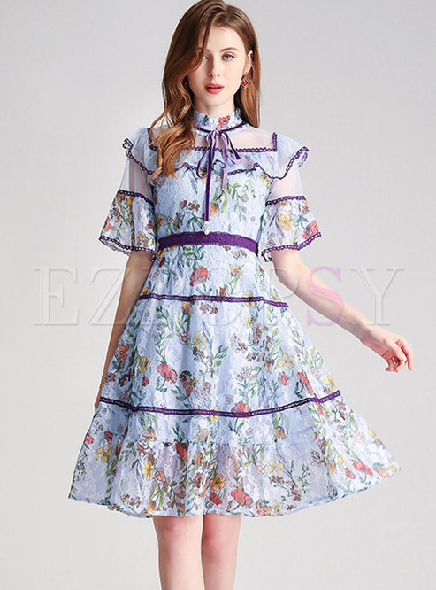 Lace Floral Stand Collar Patchwork Skater Dress