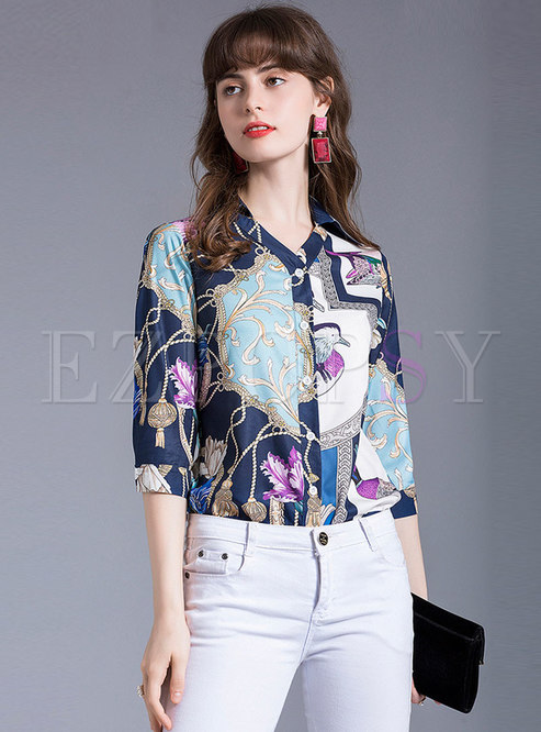 Print Three Quarters Sleeve Button-front Blouse
