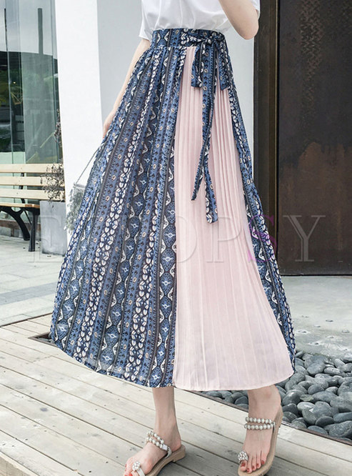 Floral Patchwork Tied Pleated Skirt