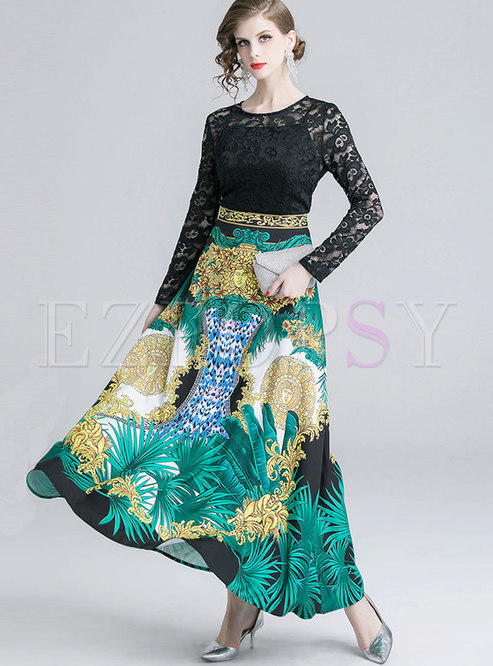Dresses | Maxi Dresses | Print Patchwork Lace Openwork Maxi Dress