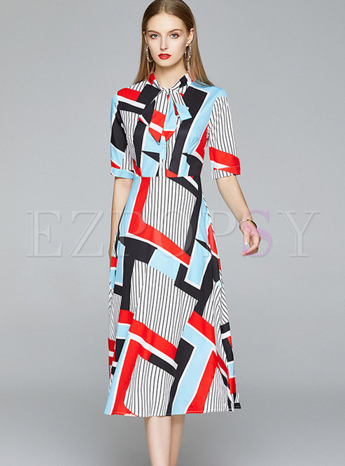 Color Block Striped Bowknot Midi Dress