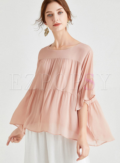 Crew Neck Ruched Silk Loose Blouse