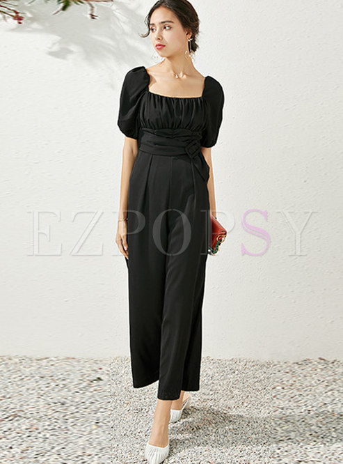 Square Neck Ruched Belted Jumpsuits