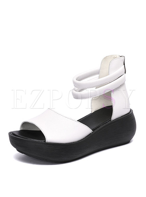 Open Toe Leather Side Zipper Platform Sandals