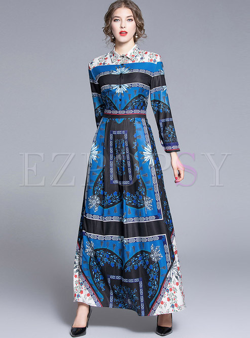 Lapel Long Sleeve Print Patchwork Long Formal Dress