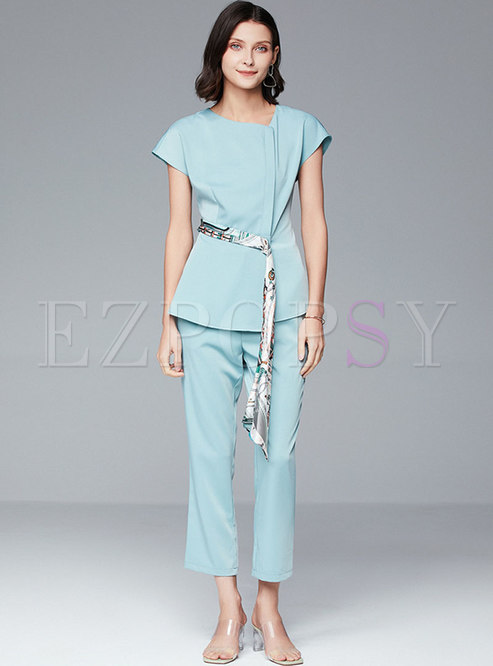 Short Sleeve Pullover Asymmetric Pant Suits