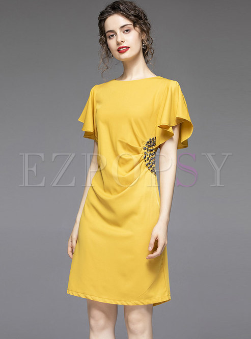 Yellow Ruffle Sleeve Diamond A Line Dress