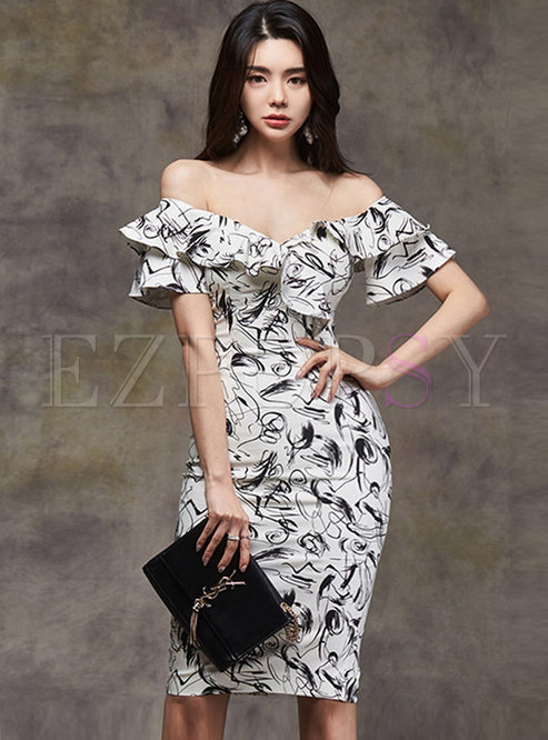 Off-the-shoulder Ruffle Print Bodycon Dress