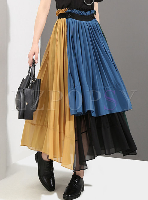 Color-blocked High Waisted Patchwork Chiffon Skirt