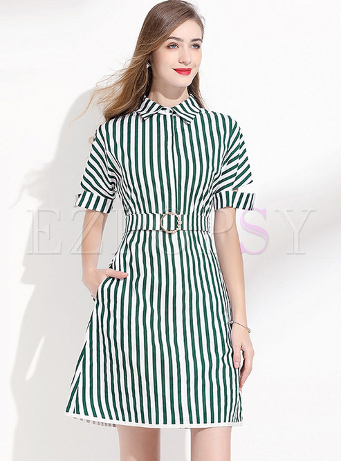 Green Striped A Line Mini Dress With Belt