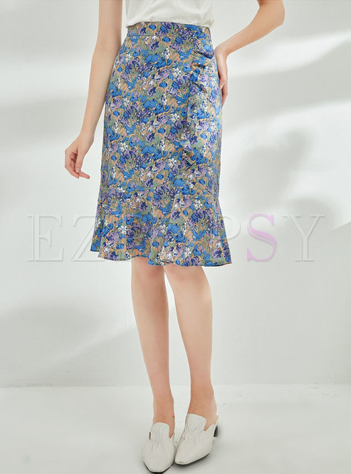 Floral High Waisted Knee-length Peplum Skirt