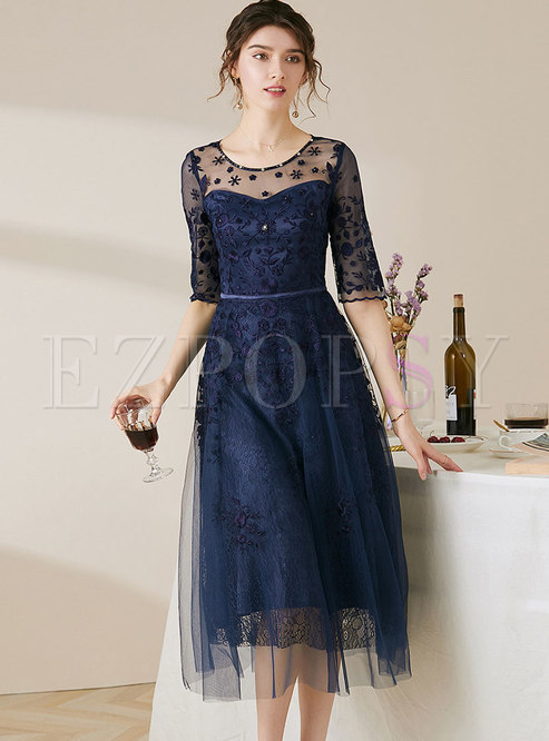 Half Sleeve Mesh Embroidered Lace Prom Dress