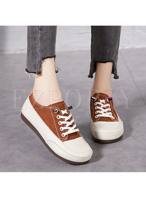 Round Toe Color-blocked Lace-up Flats
