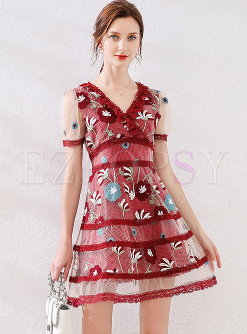 V-neck Mesh Embroidered Openwork Mini Dress