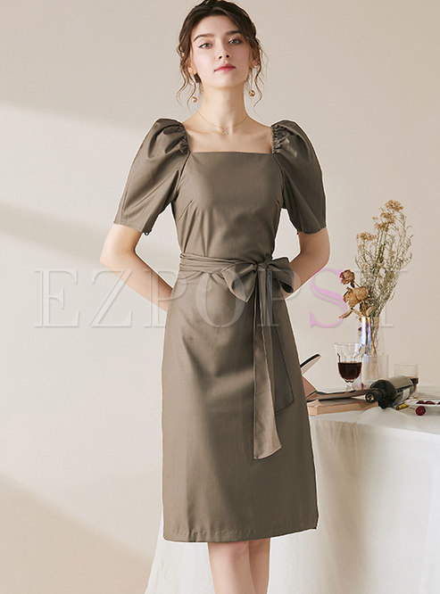 Square Neck Puff Sleeve Bodycon Work Dress