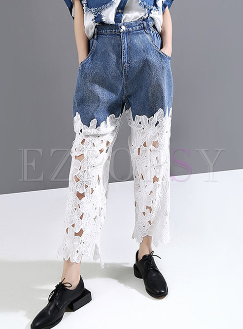 Denim Patchwork Lace Straight Pants With Pockets