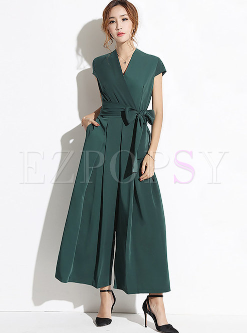 Cross V-neck Solid Color Palazzo Jumpsuits