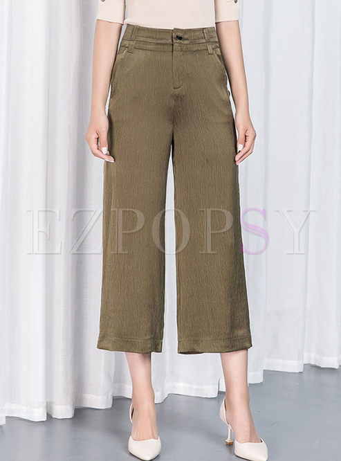 Pure Color High Waisted Wide Leg Cropped Pants