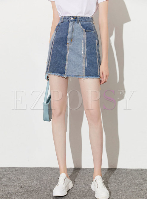 Color-blocked Denim Patchwork Beaded Mini Skirt