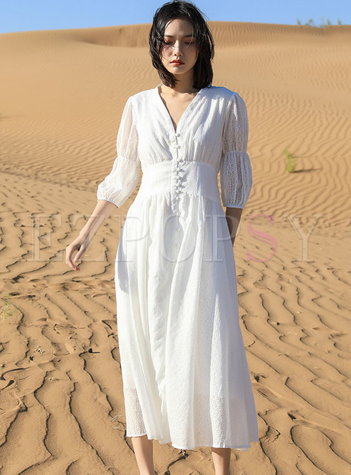 White V-neck Half Sleeve Beach Maxi Dress