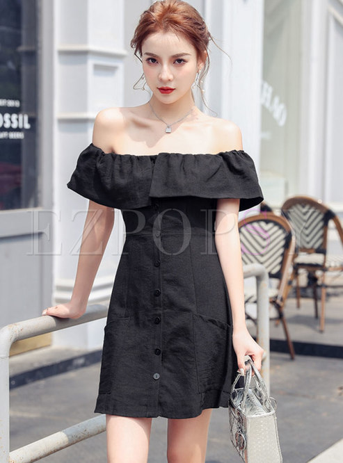 Black Off Shoulder Short Sleeve Mini Dress