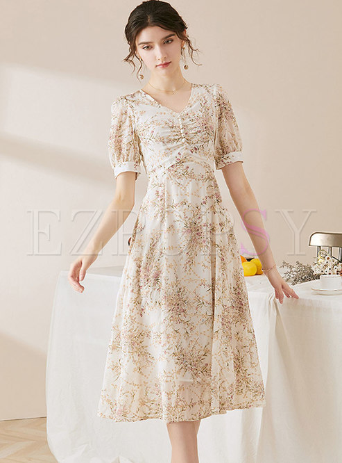Dresses | Skater Dresses | Puff Sleeve Embroidered Print Chiffon Midi Dress