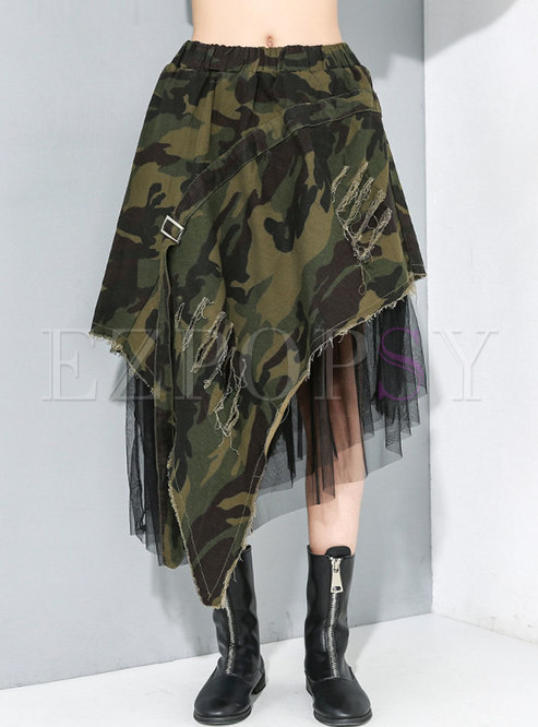 Camouflage Denim Mesh High-low A Line Skirt