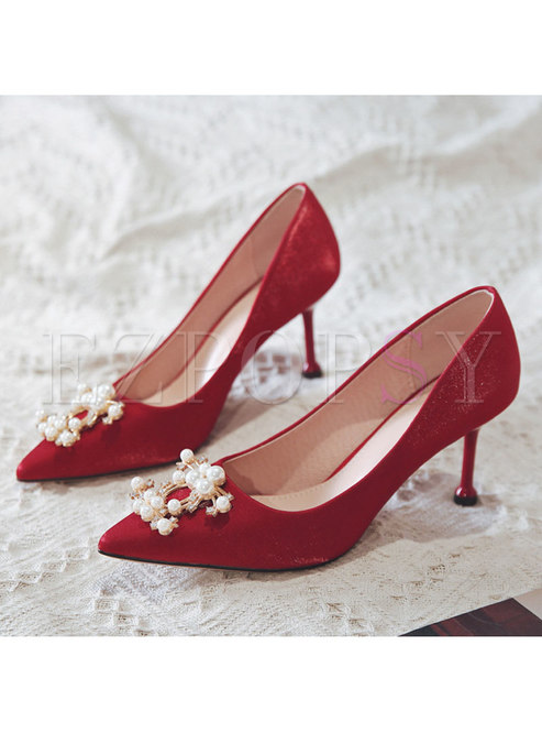 Red Pointed Toe Beaded Wedding Heels