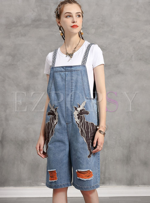 Embroidered Knee-length Palazzo Denim Overalls
